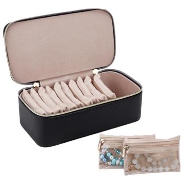 Imagem de FINGERINSPIRE Conjunto de caixa de joias com sacos de 24 x 11 x 8 cm, preto para viagem, organizador de joias com 12 bolsas de veludo, estojo de armazenamento de couro PU com alça para proteção de