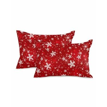 Imagem de Big buy store Capas de travesseiro de Natal 50 x 30 cm conjunto de 2 almofadas decorativas de floco de neve vermelhas fronhas de almofada lombar brancas de inverno para sofá, cama, decoração de Natal