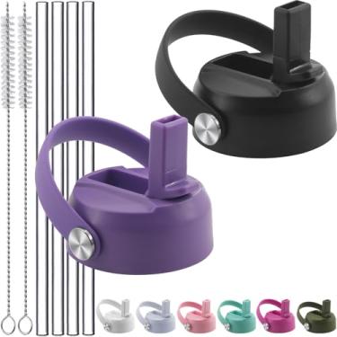 Imagem de Tampas de canudo para Hydroflask boca larga 947 g 1,134 g, tampa de canudo à prova de vazamento de substituição com alça flexível, tampa fácil sem BPA para Hydro Flask 16 18 garrafas de 1,8 g - preto