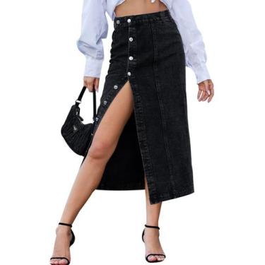 Imagem de Saia jeans Dvaemalligo preta de cintura alta elástica para mulheres