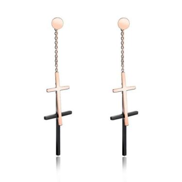 Imagem de Brincos femininos de aço inoxidável longo duplo cruz pendente borla br