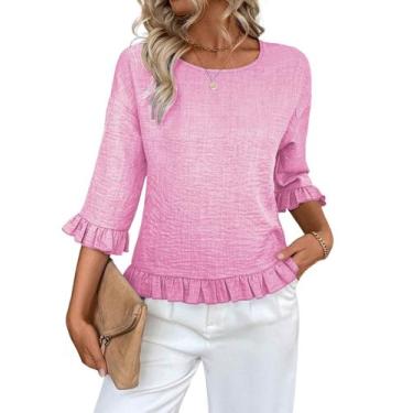 Imagem de Blusa Urchics feminina de linho de manga curta rosa tamanho GG