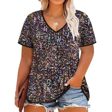 Imagem de Blusas de lantejoulas TIYOMI Plus Size para mulheres com decote em V e