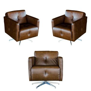 Imagem de Kit 3 Poltronas Giratória para Sala de Estar Astana Couro Marrom Bicolor - Gran Belo