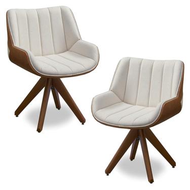 Imagem de Kit 02 Poltronas Decorativas Base em Madeira Giratória Traoré Linho com PU OffWhite/Marrom Gran Belo