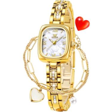 Imagem de OLEVS Relógio de pulso feminino dourado, quadrado, quadrado, elegante, pequeno, fino, 3695: branco