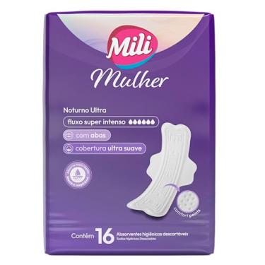Imagem de Absorvente Externo Mili Mulher Noturno Ultra Cobertura Suave, Tecnologia Comfort Points com Absorção Rápida, Fluxo Super Intenso, Com Abas, 16 Unidades