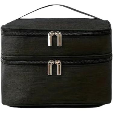 Imagem de Necessaire de Maquiagem Dois Andares Feminina – Bolsa Organizadora Viagem com Zíper Reforçado, Alça de Mão, Design Moderno e Espaço Duplo – Ideal para Cosméticos e Acessórios (Preto)