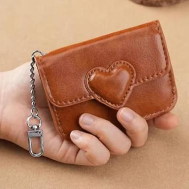 Imagem de Carteira feminina pequena em forma de coração de couro PU porta-cartões multicartões antimagnético para viagem, dinheiro, moedas, 10,3 x 7,6 cm, Marrom
