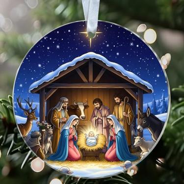 Imagem de NKPDesigns Ornamento de presépio - Sagrada Família - Enfeite de Natal acrílico com manjedoura e animais - Decoração de lembrança - Presente para crentes cristãos