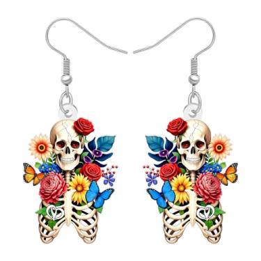 Imagem de BAMAY Brincos de crânio de flor de acrílico para mulheres, brincos assustadores de Halloween com pingente de crânio de açúcar divertido, presentes para mulheres, acessórios de bijuteria de fantasia do