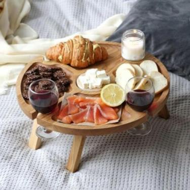 Imagem de MYELJO Mesa de piquenique dobrável de madeira para uso ao ar livre com suporte de vidro, suporte portátil 2 em 1 para taças de vinho, mesa dobrável, bandeja de piquenique para lanche de frutas e