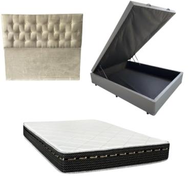 Imagem de Cama Box Baú Blindada com Colchão Eagle Molas Bonnel 22cm + Cabeceira Botonê (CORINO CINZA, Casal)
