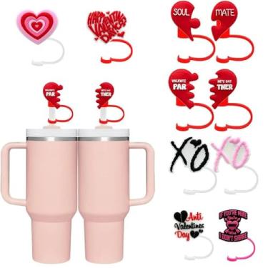 Imagem de 10 peças decorações de dia dos namorados tampa de palha 10 mm compatível com capas de canudo de coração de silicone para Stanley Topper de copo de 40 e 10 onças para copos à prova de poeira capa de