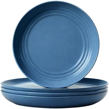 Imagem de XILEDUO Conjunto de 4 pratos de palha de trigo, inquebráveis, placa de plástico leve reutilizável de 23 cm para acampamento, cozinha, micro-ondas e lava-louças (azul escuro)