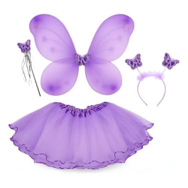 Imagem de Kit Fantasia Borboleta Fada Infantil – Asa, Varinha, Tiara e Saia Tutu Lilás – Tamanho Único