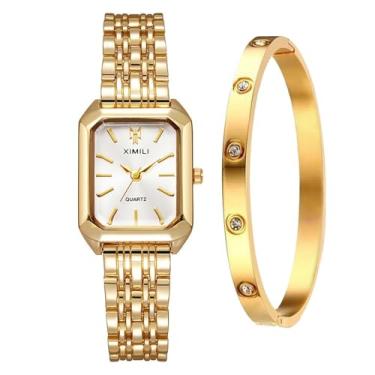 Imagem de Kchss Relógios femininos de pulso, pulseira de aço, relógio feminino casual, Ab. Ouro branco + pulseira