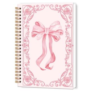Imagem de TWRVI Caderno espiral floral com laço rosa Coquette, caderno pautado na faculdade feminino rosa para material de escritório escolar, cadernos de diário Coquette 14 x 21 cm, 164 páginas