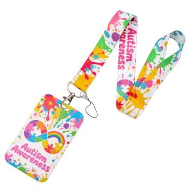 Imagem de BKBKAAK Cordão de conscientização do autismo com porta-cartão de identificação, acessórios coloridos para professores de arco-íris para educação especial, cordões exclusivos para professores