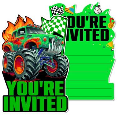 Imagem de MQCLYSG 20 conjuntos de cartões de convites de festa de caminhão monstro com envelopes adesivos convites de carro de corrida para meninos festa de aniversário dupla face (verde)