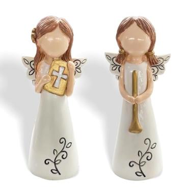 Imagem de Beciway 2 peças de estatuetas de anjo de resina de 10 cm – Anjos da guarda segurando a Bíblia e trombeta, pequenas estátuas decorativas para Natal, memorial, presentes espirituais para mulheres