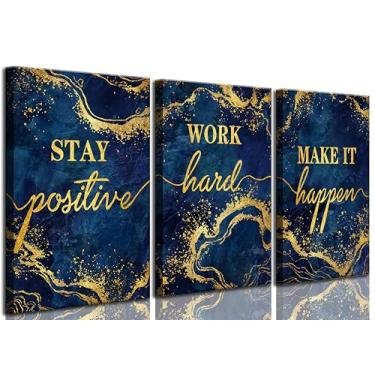 Imagem de 3 peças de arte de parede inspiradora em ouro azul para escritório, permaneça positivo, trabalho duro, faça acontecer, citações motivacionais, fotos, decoração de parede, pôster inspirador, arte
