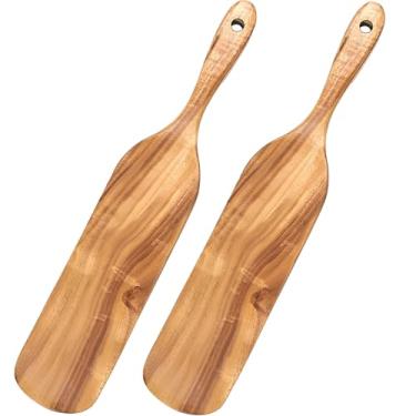 Imagem de Conjunto de 2 espátulas de madeira teca para fermento e cozinhar, cabo longo com furos, perfeito para panelas antiaderentes