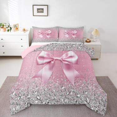 Imagem de Conjunto de edredom fofo com laço e laço de fita cinza, diamante brilhante, tamanho casal, arco de princesa, com laço kawaii, geométrico, gravata borboleta, rosa claro, estética