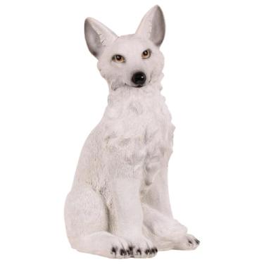 Imagem de POYUFRG Estátua de raposa de jardim, decoração encantadora de arte de raposa branca de resina ao ar livre para cerca, pátio, varanda, quintal, inauguração de casa, branco, 19 * 22 * 37 cm