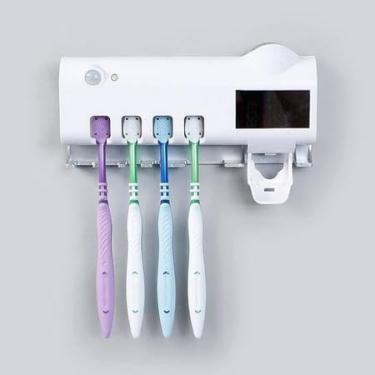 Imagem de Porta Escova Dentes Dispenser Automático Com Esterilizador UV Aplicador Pasta Dente Suporte Dispenser Branco