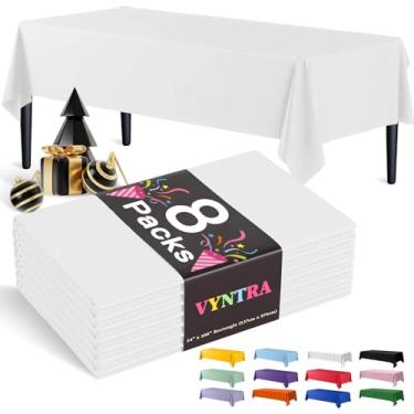Imagem de Vyntra Toalhas de mesa brancas descartáveis de plástico retangular de 137 x 262 cm, pacote com 8 – capas de mesa de festa para aniversário, casamento, formatura e chá de bebê – impermeável, à prova de