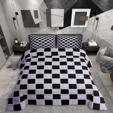 Imagem de Erosebridal Conjunto de edredom quadriculado preto lilás roxo acinzentado ombré buffalo, xadrez, para adultos, homens e mulheres, edredom