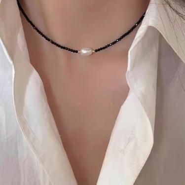 Imagem de Colar de pérolas com contas delicadas para mulheres, colares de laço preto, colares de pérolas, presentes de amizade para mulheres, presentes de Natal, joias, Medium, Latão, Sem Pedra Preciosa