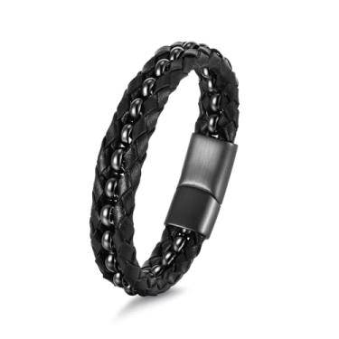 Imagem de FLHEART Pulseiras masculinas de couro trançado preto, aço inoxidável, presente para homens, pai, marido, namorado, filho, neto, irmão, sobrinho, tio, 18,5, 23 cm, 9.06“, Aço inoxidável, Sem Pedra