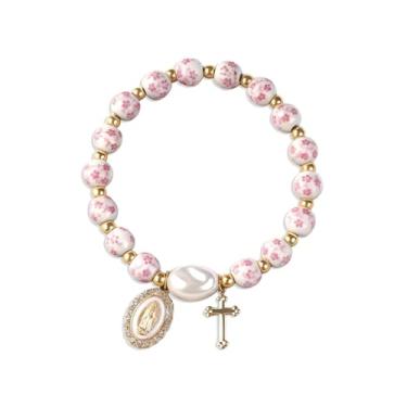 Imagem de Pulseira cruzada para mulheres e homens, pingente de Virgem Maria banhado a ouro, pingente de pérola barroca, pingente de strass ajustável, contas cristãs, delicadas, presentes para Natal, aniversário