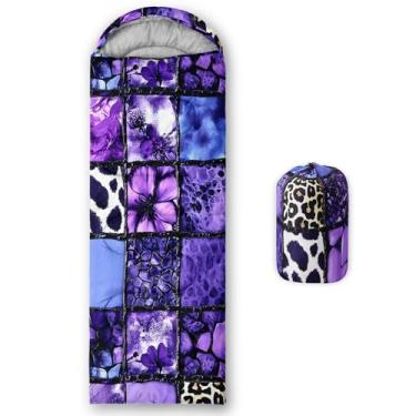 Imagem de QOOMO Sacos de dormir impermeáveis com flores roxas para adultos e crianças, sacos de dormir impressos para acampamento, viagens e ao ar livre, equipamento de acampamento, 78,76 x 228,6 cm, 3 estações