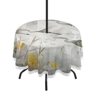 Imagem de Blueangle Toalha de mesa redonda impermeável de 152 cm, branca, garças, com orifício para guarda-chuva, tecido resistente para todos os climas para pátio, acampamento, piquenique. (1)