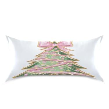 Imagem de ATTX Fronha de almofada de árvore de Natal com laço rosa com fecho de envelope para cabelo e pele, macia, respirável, suave, ambos os lados, capa de almofada de seda refrescante (King 50 cm × 101 cm