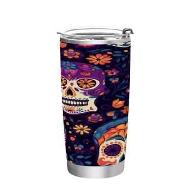 Imagem de Wassud Copo Mexicano de Caveiras de Açúcar com Tampa e Canudo Aço Inoxidável Parede Dupla Copo Isolado Copo de Viagem Caneca de Café para Bebidas Frias e Quentes 340 g