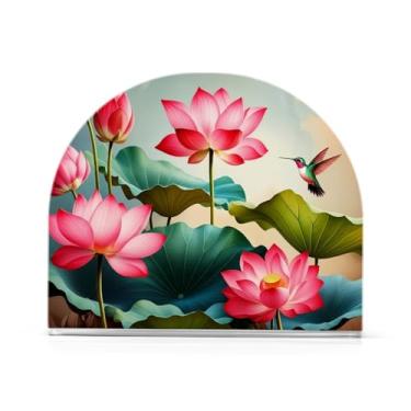 Imagem de Qilmy Porta-guardanapos de acrílico com flores de lótus vibrantes e bonitas, porta-guardanapos para mesas, cozinha, restaurante, decoração de casa, suporte decorativo moderno para guardanapos de