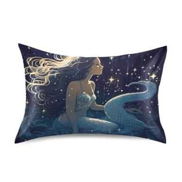 Imagem de Wassud Linda fronha de sereia de cetim e seda para cuidados com o cabelo, compatível com a pele, tamanho padrão, respirável, com fecho de envelope, resistente a rugas