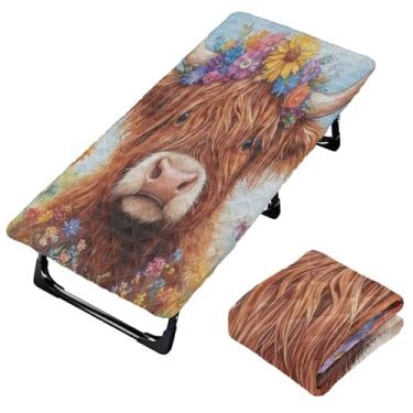 Imagem de Burbuja Lençol de berço Highland Cow com flores para crianças, lençol de cochilo acolchoado portátil com faixa elástica para meninas e meninos, lavável na máquina, 63,5 x 127 cm