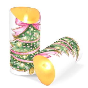 Imagem de ATTX Pacote com 2 velas sem chama para árvore de Natal com laço rosa - 7,6 cm x 9,9 cm de LED com controle remoto e temporizador para casa, casamento, decoração de acampamento #245