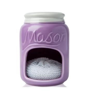 Imagem de Comfify Suporte de esponja de cozinha de cerâmica - Organizador de pia estilo fazenda - Acessório decorativo de cozinha em frasco de pedreiro - Decoração rústica de pia rústica - Inclui esponja grátis