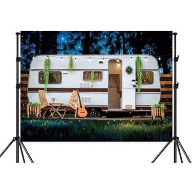 Imagem de Pano de fundo para acampamento, estrelas, céu, trailer, aventura, acampamento, cenário de floresta, fundo infantil, poliéster para chá de bebê, festa de aniversário, decoração de estúdio fotográfico