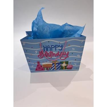 Imagem de Ssyuysto Bolsa grande de presente de aniversário azul para presente de feliz aniversário com etiqueta de presente de papel de seda, bolsa de presente de festa com alças de corda rosa para mulheres