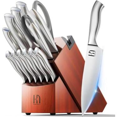 Imagem de KnifeSaga Conjunto de facas de cozinha, conjunto de facas premium com bloco, 14 facas japonesas de aço inoxidável de alto carbono para cozinha, conjunto de facas de chef com bloco e afiador embutido