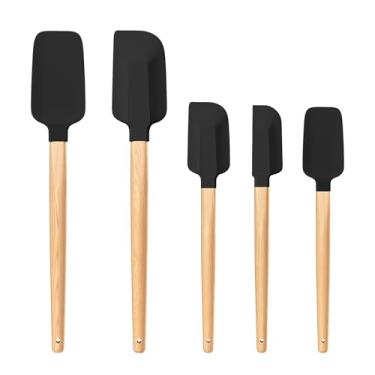 Imagem de Conjunto de espátulas de borracha de silicone com cabo de madeira, 5 peças para cozinhar, cozinhar, e misturar, altamente resistente ao calor, antiaderente, lavável na lava-louças, livre de BPA (preto