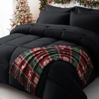 Imagem de Conjunto JOLLYVOGUE de edredom queen ultramacio, cama de 7 peças em uma bolsa, alternativa de plumas de ganso, certificado Oeko-Tex, lençóis e fronhas, preto