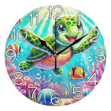 Imagem de GAIGEO Relógio de parede colorido de tartaruga marinha coral analógico decorativo relógio de cozinha redondo sem tique-taque silencioso, decoração de sala de estar, arte moderna, 25 cm, ponteiros